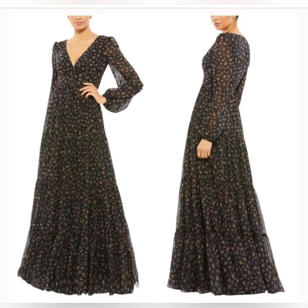 Mac Duggal Black Floral Long Sleeve Dress